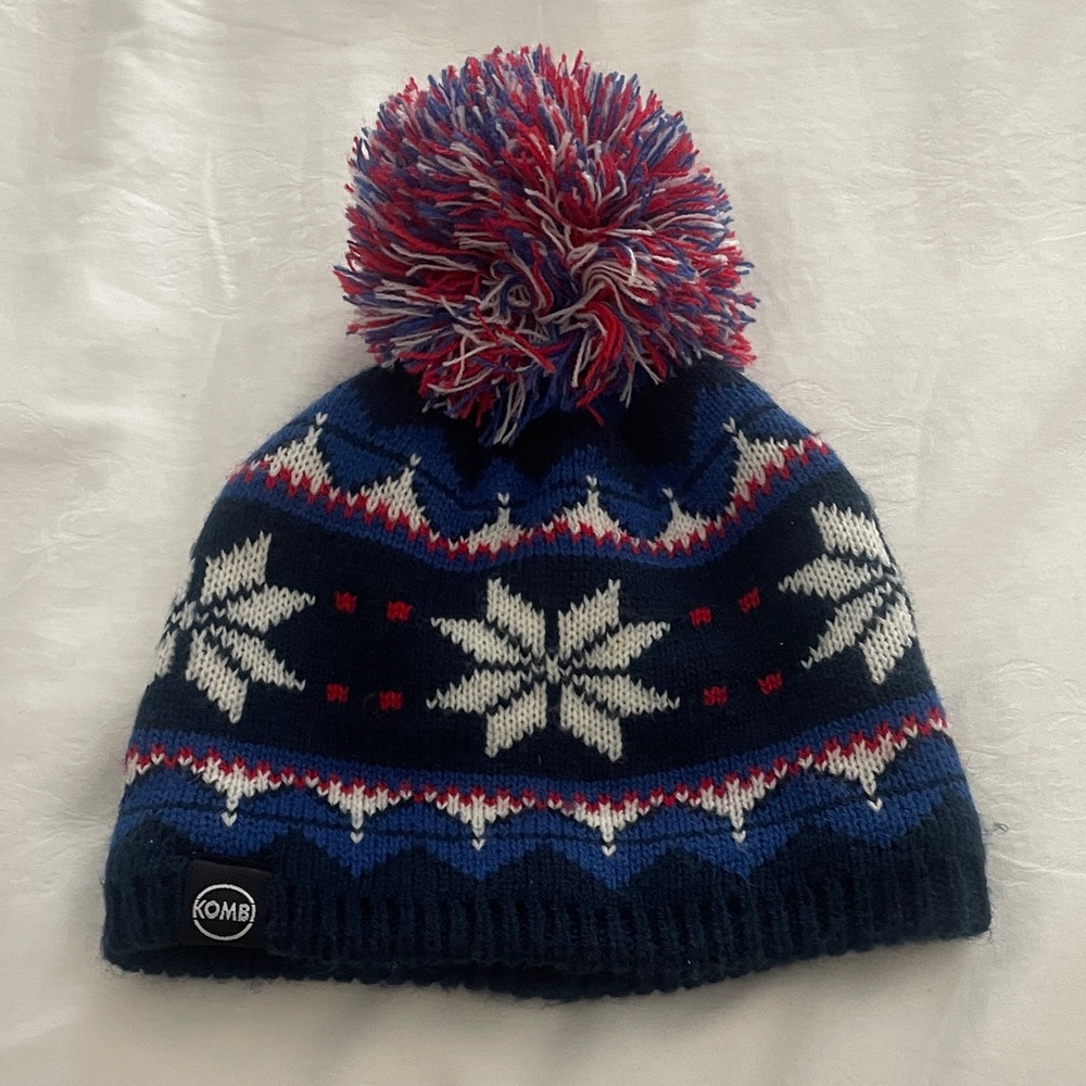 Kids' Blue and Red Winter Pom-Pom Hat